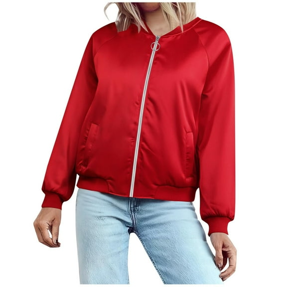 jtjvou Women's Jacket Lightweight Zip Up Jacket Casual Striped Jacket Coat Outerwear Windbreaker with Pockets Red S