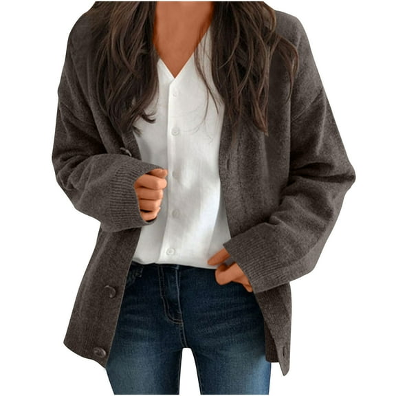 jtjvou Women's Knit Cardigan Sweater, Fashion Casual Loungewear Coat Long Sleeve Button Loose Clothes Daily Outerwear Tops Brown Free Size