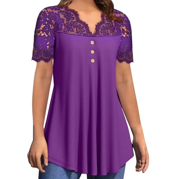 jtjvou Women's Lace Patchwork Tunic Tops Trendy Loose Short Sleeve Crew Neck Going Out T-Shirts Casual 2025 Flowy Blouse Purple S