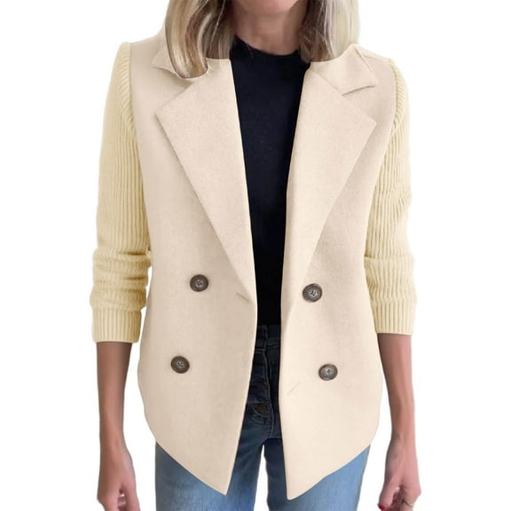 jtjvou Women's Lapel Button Knitted Patchwork Sleeve Casual Coat Cropped Sweater Blazer Patchwork Jacket Business Work Coats Beige XXXL