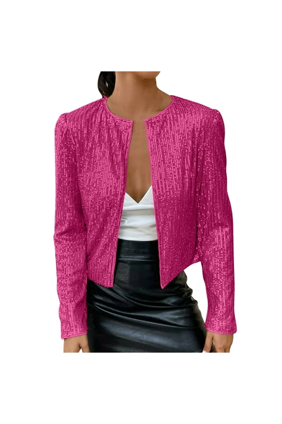 Women's Lapel Open Front Party Cocktail Outfits Sequin Blazer Jacket Glitter Sparkle Coat Casual Long SLeeve for Women Hot Pink,M