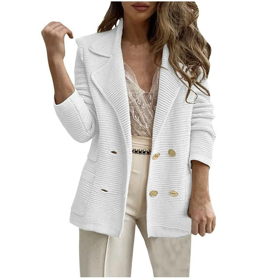jtjvou Women's Large Pocket Casual Notched Lapel Double Breasted Blazer Jacket Ribbed for Women White,L