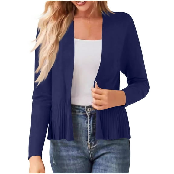 jtjvou Women's Lightweight Draped Open Front Cropped Cardigan Long Sleeve Sweaters Peplum Knit Tops Blue XL