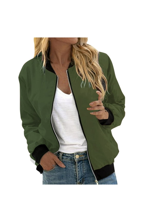 Women's Lightweight Full Zip Fashion Jacket Long Sleeve Outwear Tops Bomber Jackets Casual Windbreaker for Women Army Green,L