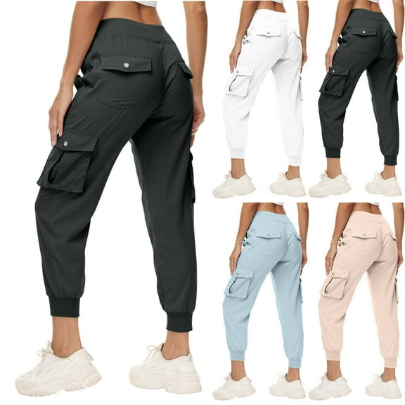 jtjvou Women's Lightweight Hiking Cargo Pants Outdoor Quick Dry Casual Travel Sweatpants Joggers Elastic Waist Button Pockets Beige L