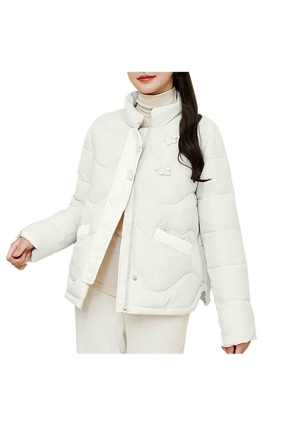 Women's Lightweight Quilted Puffer Jackets Casual Collarless Long Sleeve Button Down Coat Outerwear White L