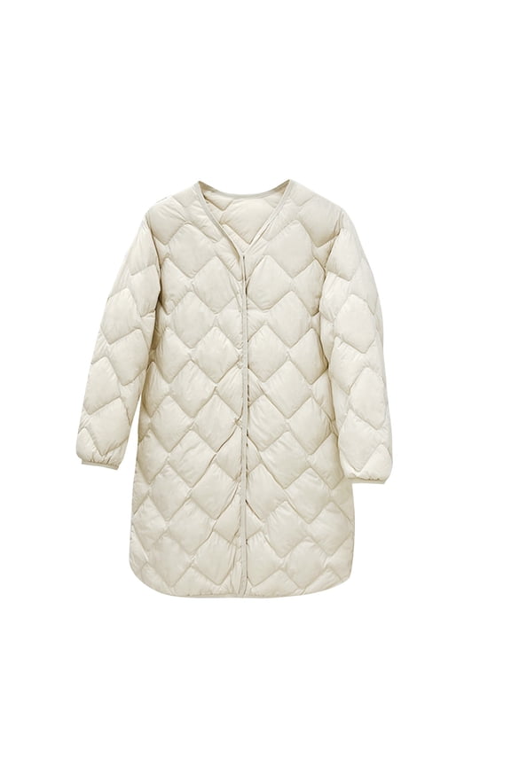 Women's Lightweight Snap Button Quilted Puffer Jackets Winter Warm Overcoat Midi Length Padded Coats Casual Collarless for Women White,XXL