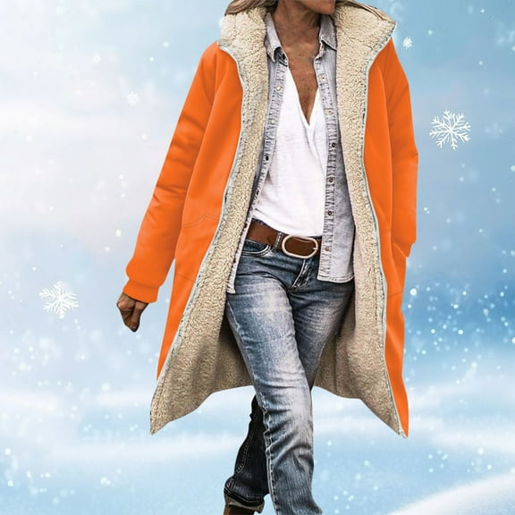 jtjvou Women's Long Sleeve Hooded Jacket Zipper Fleece Casual Outwear Soft Lining Loose Fit Stylish Coat for Daily Wear Fall Winter Fashion Orange L