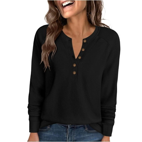 jtjvou Women's Long Sleeve Knit Shirts Dressy Casual Loose Button Up V Neck Tops 2025 Fall Basic Tee Blouse Black L