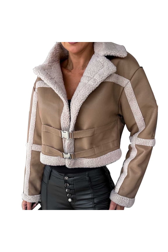 Women's Long Sleeve Parka Faux-Leather Jacket Bomber Aviator Coat Sherpa Coat Faux-Shearling Winter Warm Moto for Women Khaki,S