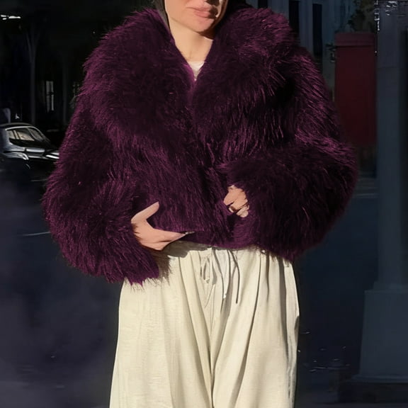 jtjvou Women's Long Sleeve Warm Faux Fur Jacket Stylish V-neck Casual Coat Soft Comfortable Fashionable Outerwear Daily Use Perfect for Parties Red L