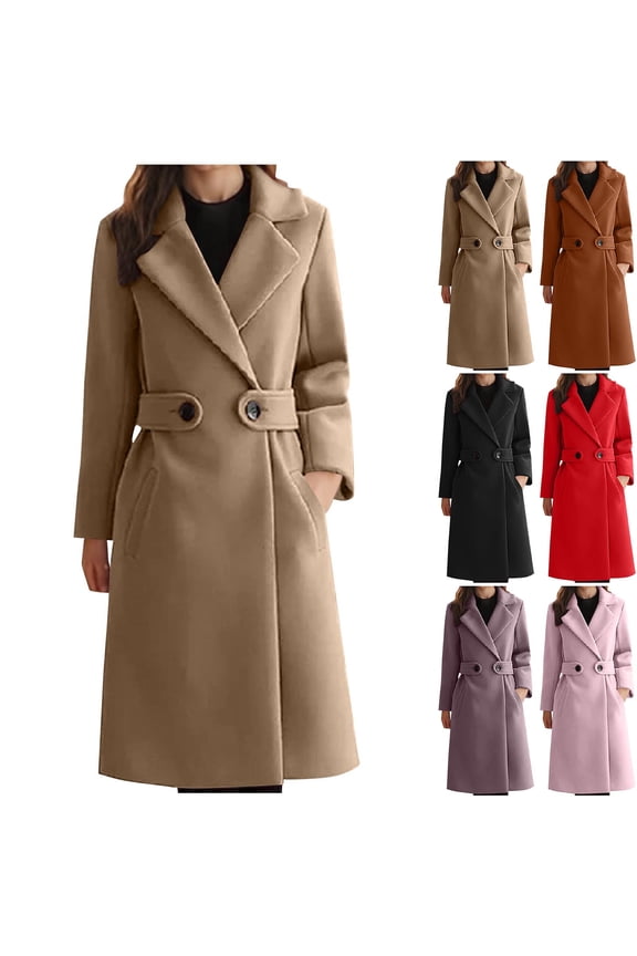 Women's Long Wool Blend Coat Double Breasted Loose Fit Warm Winter Pocket Design Slim Elegant Lady Casual Outerwear Black L