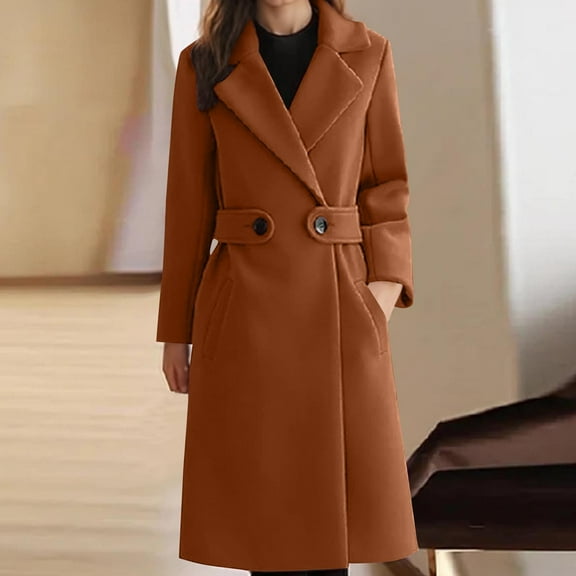 jtjvou Women's Long Wool Blend Coat Double Breasted Loose Fit Warm Winter Pocket Design Slim Elegant Lady Casual Outerwear Brown L
