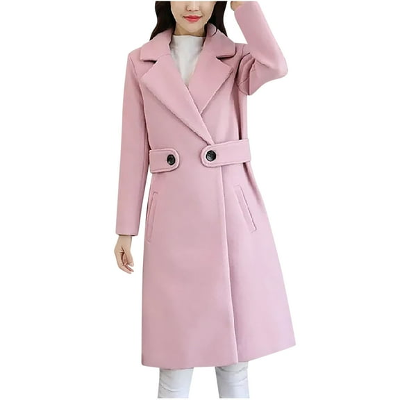 jtjvou Women's Long Wool Blend Coat Double Breasted Loose Fit Warm Winter Pocket Design Slim Elegant Lady Casual Outerwear Pink M