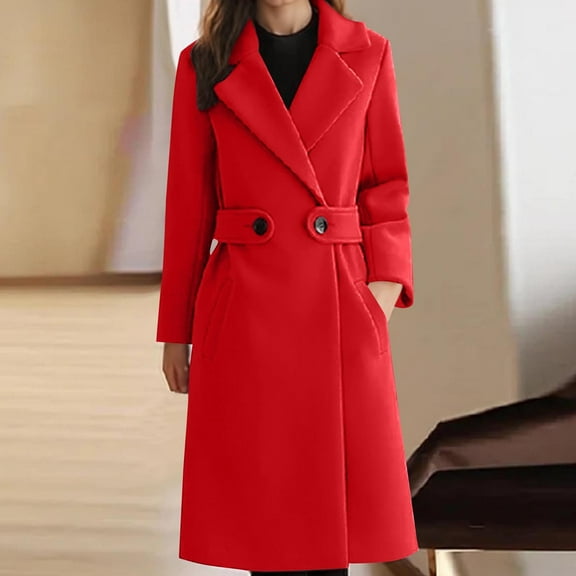 jtjvou Women's Long Wool Blend Coat Double Breasted Loose Fit Warm Winter Pocket Design Slim Elegant Lady Casual Outerwear Red L