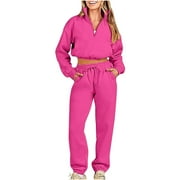 JTJVOU Women's Lounge Set Long Sleeve and Pants Elegant 2 Piece Sets Outfits for Women Fall Track Suits Y2K Pullover Jogger Pants Pants Set Sweatsuit Plus Size Solid Color Vintage Clothes Hot Pink M