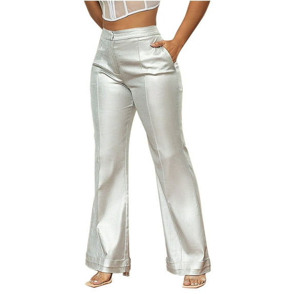 jtjvou Women's Metallic Shiny High Waisted Dress Pants, Vintage Business Casual Flare Party Trousers with Pockets Silver M