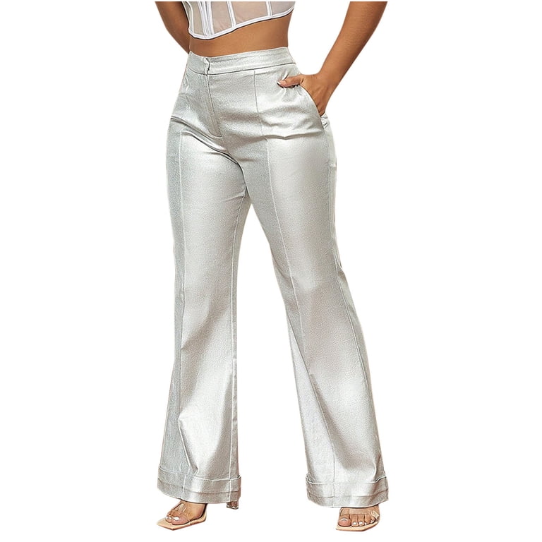 Jtjvou Women's Metallic Shiny High Waisted Dress Pants, Vintage Business Casual Flare Party Trousers with Pockets Silver XS