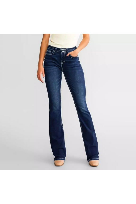 Women's Mid-Rise Bootcut Jeans, Blue and White Stitch Border with Faux Flap Pockets, Bootcut Stretch Denim Jeans Blue M