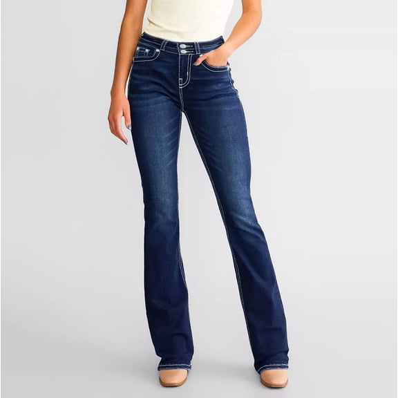 jtjvou Women's Mid-Rise Bootcut Jeans, Blue and White Stitch Border with Faux Flap Pockets, Bootcut Stretch Denim Jeans Blue S