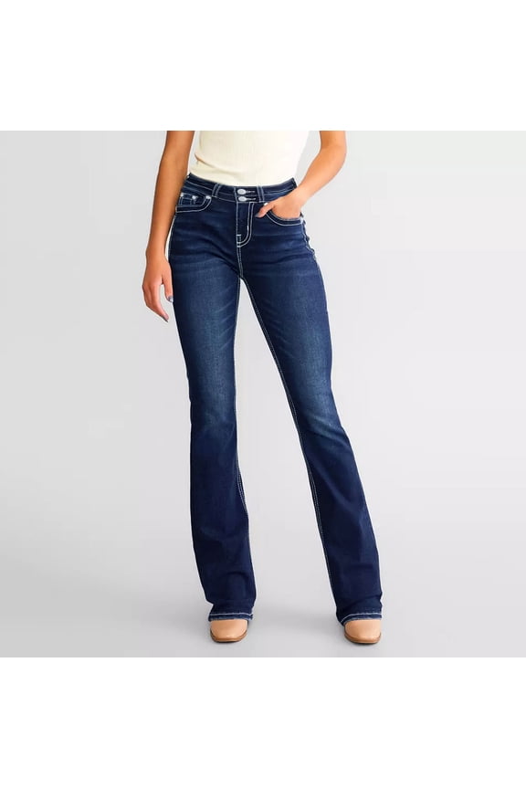 Women's Mid-Rise Bootcut Jeans, Blue and White Stitch Border with Faux Flap Pockets, Bootcut Stretch Denim Jeans Blue S