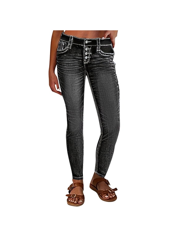 Women's Mid Waisted Button Fly Straight Leg Front Jeans Topstitching Ripped Casual Denim Pants Black M