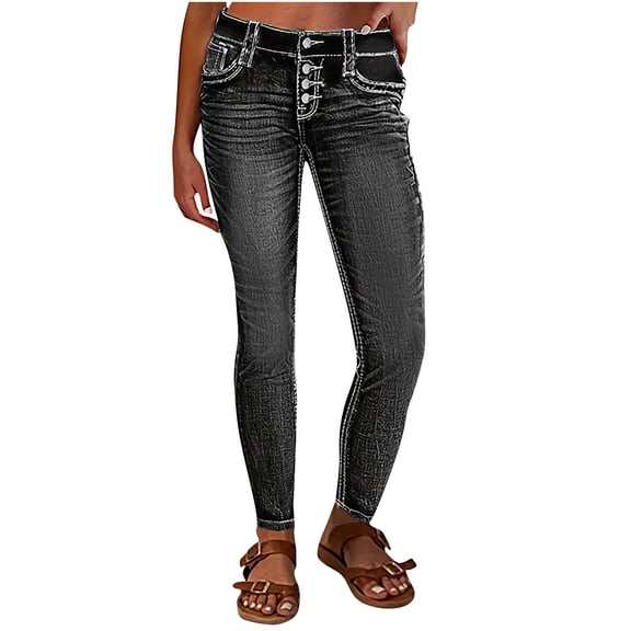 jtjvou Women's Mid Waisted Button Fly Straight Leg Front Jeans Topstitching Ripped Casual Denim Pants Black XL