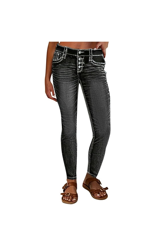 Women's Mid Waisted Button Fly Straight Leg Front Jeans Topstitching Ripped Casual Denim Pants Black XXL