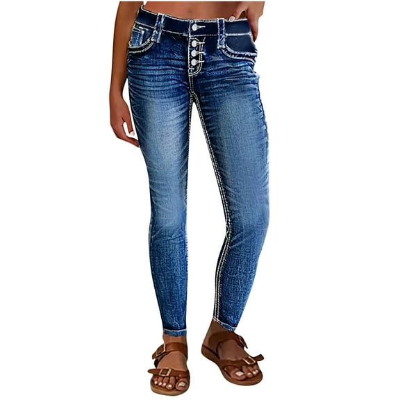 jtjvou Women's Mid Waisted Button Fly Straight Leg Front Jeans Topstitching Ripped Casual Denim Pants Blue S