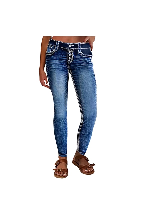 Women's Mid Waisted Button Fly Straight Leg Front Jeans Topstitching Ripped Casual Denim Pants Blue S