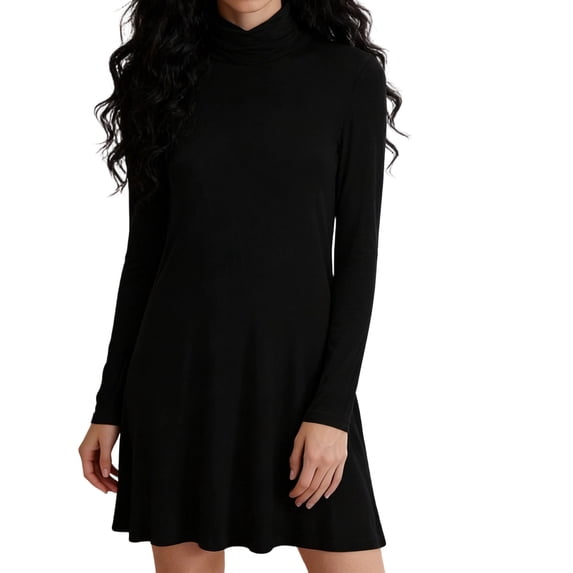 jtjvou Women's Mini Dress Elegant Long Sleeve Turtleneck A Line Summer Dresses Comfy Solid Color Fashion Dress Black XL