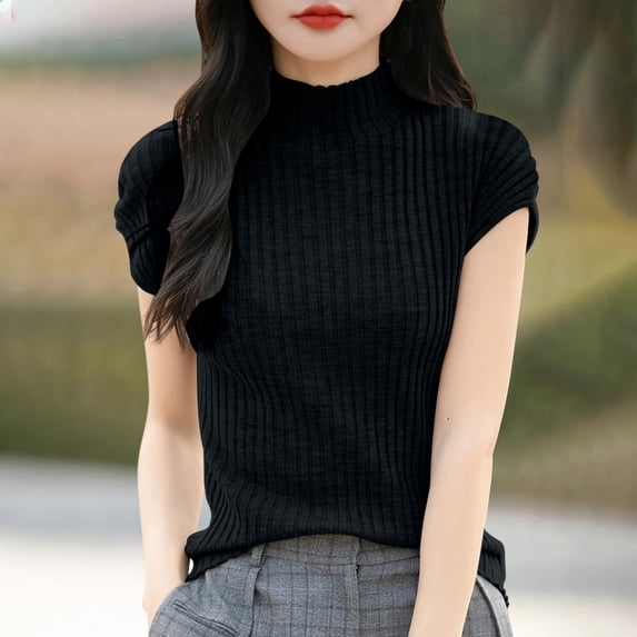 jtjvou Women's Mock Neck Short Sleeve Blouses Ribbed Knit Top Casual Slim Fit Tee Shirt Textured Business Casual Outfits Black L