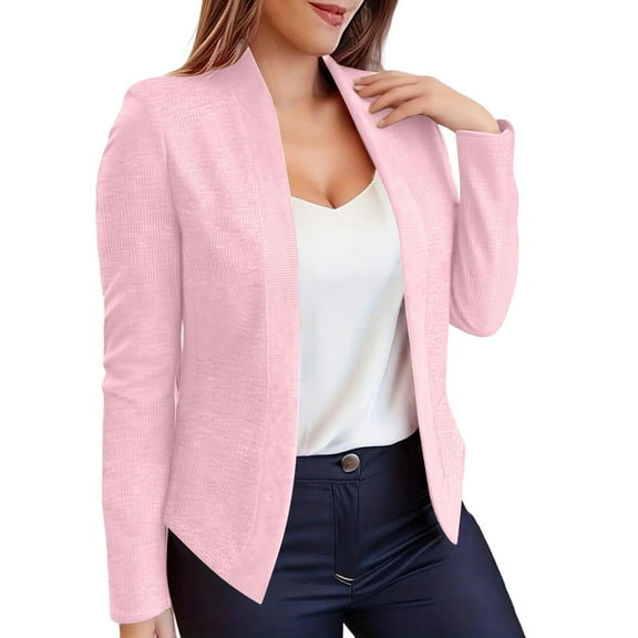 jtjvou Women’s Open Front Herringbone Blazer-Business Casual Long Sleeve Work Jacket with Full Lining and Padded Shoulders Pink L