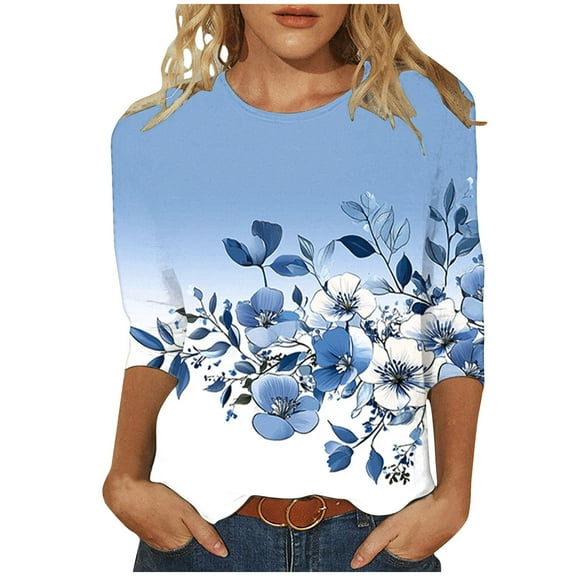 jtjvou Women's Oversize 3/4 Sleeve Tees Trendy Fashion Going out Tops for Teen Round Neck Tuinc Lady Summer Floral Print Shirts Multicolor,S