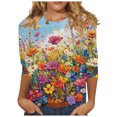 thumbnail image 1 of jtjvou Women's Oversize 3/4 Sleeve Tuinc Floral Pullover Crewneck Tees Lady Trendy Fashion Summer Going out Tops for Teen Multicolor,S, 1 of 5