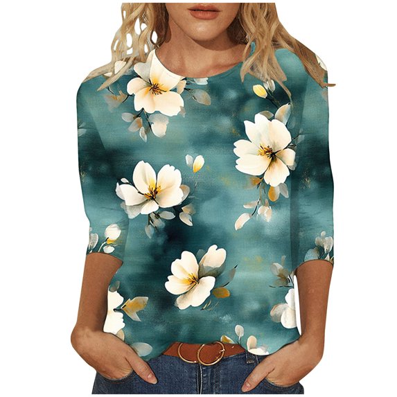jtjvou Women's Oversize 3/4 Sleeve Tuinc Trendy Fashion Summer Lady Going out Tops for Teen Crewneck Shirts Floral Pullover Multicolor,M