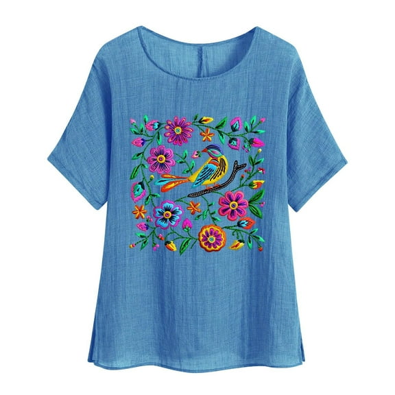 jtjvou Women's Oversize Floral Tuinc Crewneck Shirts Going out Tops for Teen Trendy Fashion Summer Short Sleeve Shirts Blue,M