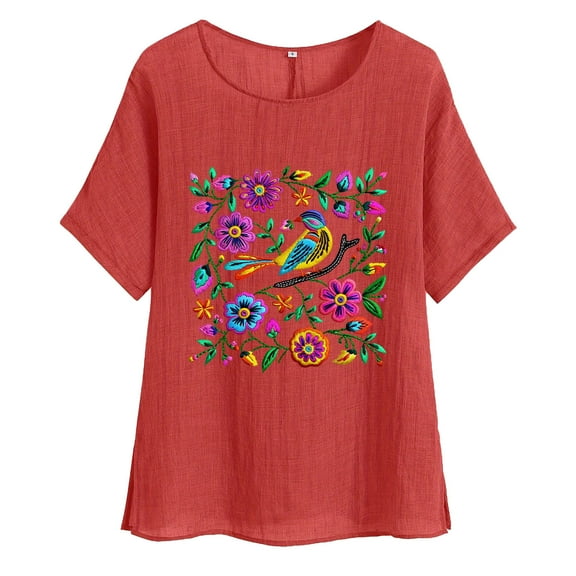 jtjvou Women's Oversize Floral Tuinc Crewneck Shirts Lady Short Sleeve Shirts Trendy Fashion Summer Going out Tops for Teen Red,L