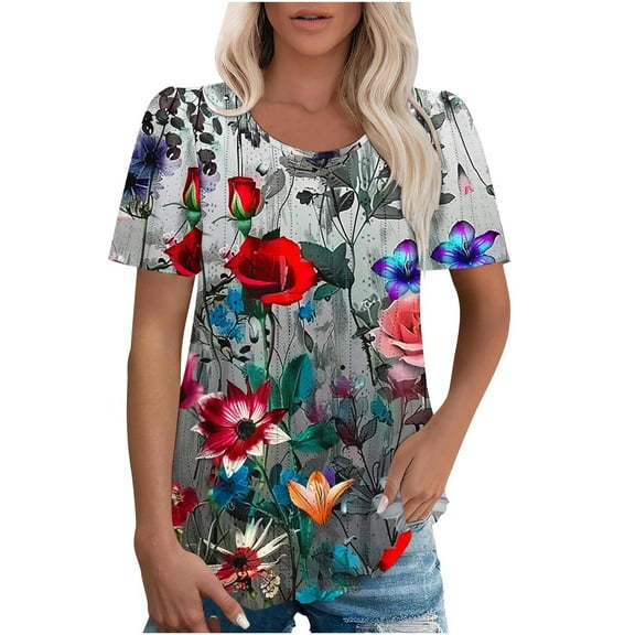 jtjvou Women's Oversize Short Sleeve Shirts Round Neck Tuinc Lady Summer Going out Tops for Teen Trendy Fashion Floral Tuinc Multicolor,L