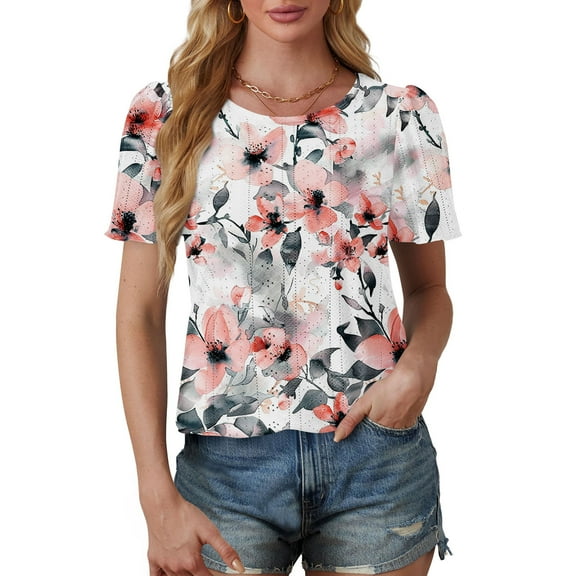 jtjvou Women's Oversize Short Sleeve Tees Going out Tops for Teen Floral Shirts Round Neck Pullover Lady Trendy Fashion Summer Multicolor,L