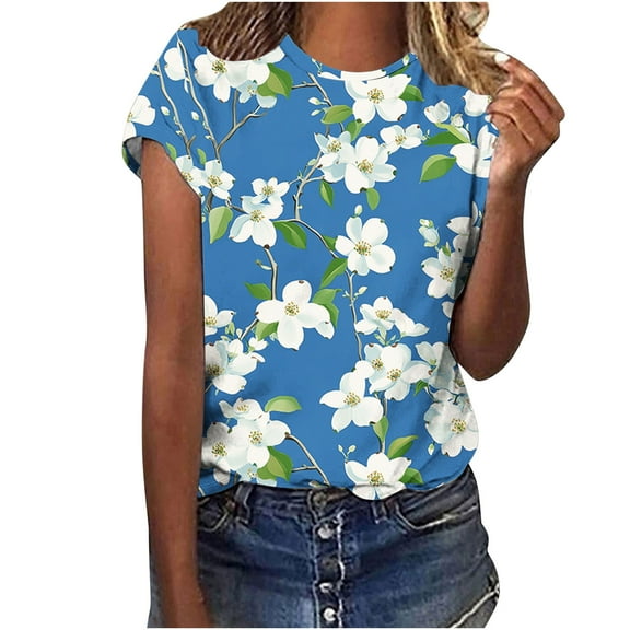 jtjvou Women's Oversize Short Sleeve Tuinc Trendy Fashion Floral Pullover Round Neck Tees Lady Going out Tops for Teen Summer Multicolor,S