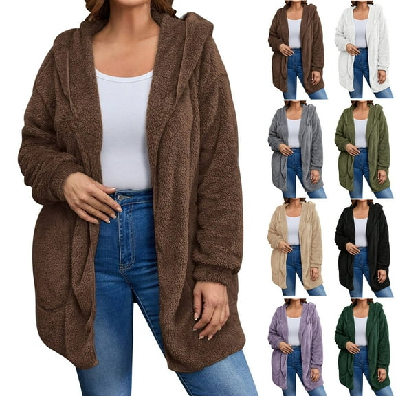 jtjvou Women's Oversized Fleece Hooded Cardigan Warm Open Front Solid Color Coat with Pockets Green L