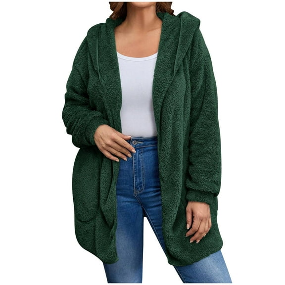 jtjvou Women's Oversized Fleece Hooded Cardigan Warm Open Front Solid Color Coat with Pockets Green M