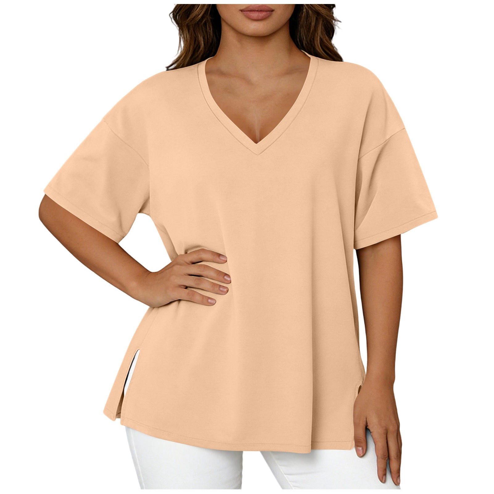 jtjvou Women's Oversized Half Sleeve Shirts V Neck Loose Fit Gym Baggy ...