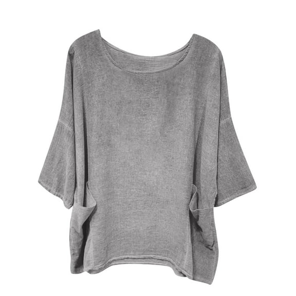 jtjvou Women's Oversized Linen Tunic Shirts Long Sleeve Loose Baggy Tshirt Roll Up Solid Crewneck Short Sleeve Boho Tops Gray XL