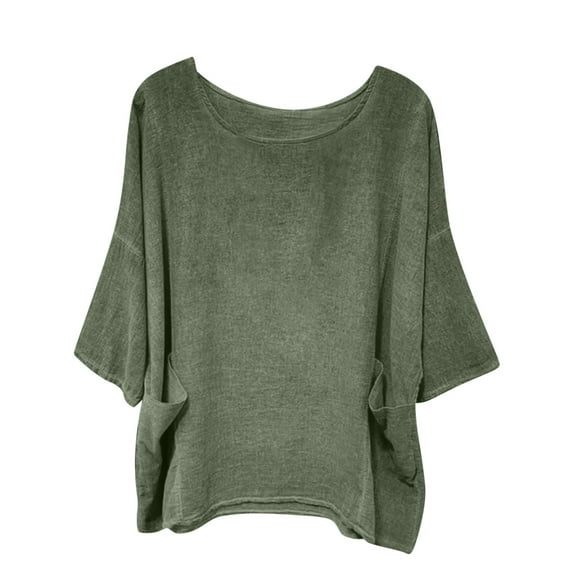 jtjvou Women's Oversized Linen Tunic Shirts Long Sleeve Loose Baggy Tshirt Roll Up Solid Crewneck Short Sleeve Boho Tops Green XXL