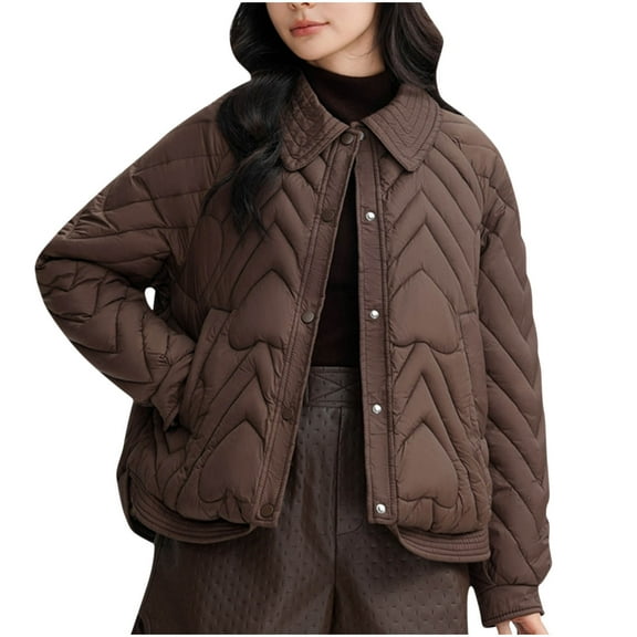 jtjvou Women's Oversized Quilted Lightweight Jacket Button Down Puffer Padded Outerwear with Pocket Brown M