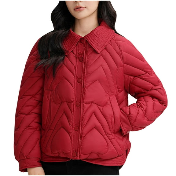 jtjvou Women's Oversized Quilted Lightweight Jacket Button Down Puffer Padded Outerwear with Pocket Red L