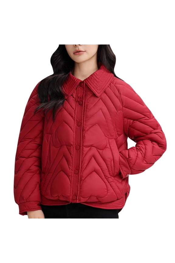 Women's Oversized Quilted Lightweight Jacket Button Down Puffer Padded Outerwear with Pocket Red XXL