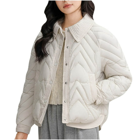 jtjvou Women's Oversized Quilted Lightweight Jacket Button Down Puffer Padded Outerwear with Pocket White L